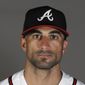 This is a 2020 file photo showing Nick Markakis of the Atlanta Braves baseball team. Markakis has retired after a 15-year career spent with the Atlanta Braves and Baltimore Orioles. The 37-year-old Markakis, who was a free agent, told The Athletic in a story published Friday, March 12, 2021, that he was done playing after accumulating 2,388 hits, earning his lone All-Star bid in 2018 and coming within one win of reaching the World Series in his final season.  (AP Photo/John Bazemore, File)  **FILE**