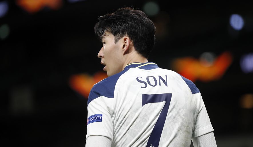Tottenham's Son Heung-min during the Europa League round of 16, first leg, soccer match between Tottenham Hotspur and Dinamo Zagreb at the Tottenham Hotspur Stadium in London, England, Thursday, March 11, 2021. (AP photo/Alastair Grant, Pool)