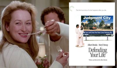 Meryl Streep enjoying a long pasta noodle as Julia in &quot;Defending Your Life,&quot; now available on Blu-ray from the Criterion Collection.