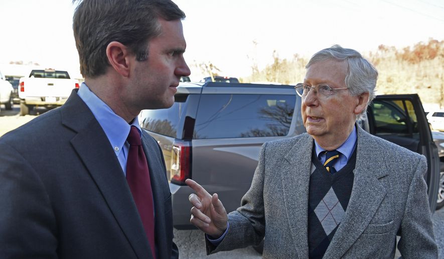 FILE - In this Monday, Nov. 25, 2019 file photo, Senate Majority Leader Mitch McConnell, R-Ky., right, speaks with Kentucky Governor-Elect Andy Beshear before the dedication of a Recovery Community Center in Manchester, Ky. Mitch McConnell has given his blessing to legislation to change how a vacant U.S. Senate seat would be filled in his home state of Kentucky, but it most certainly doesn&#39;t signal an opening is contemplated, an ally of the Senate Republican leader said Friday, March 12, 2021. (AP Photo/Timothy D. Easley, File)