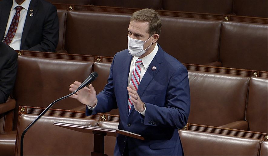 In this image from video, Rep. Ted Budd, R-N.C., speaks on the House floor early Jan. 7, 2021. (House Television via AP) ** FILE **