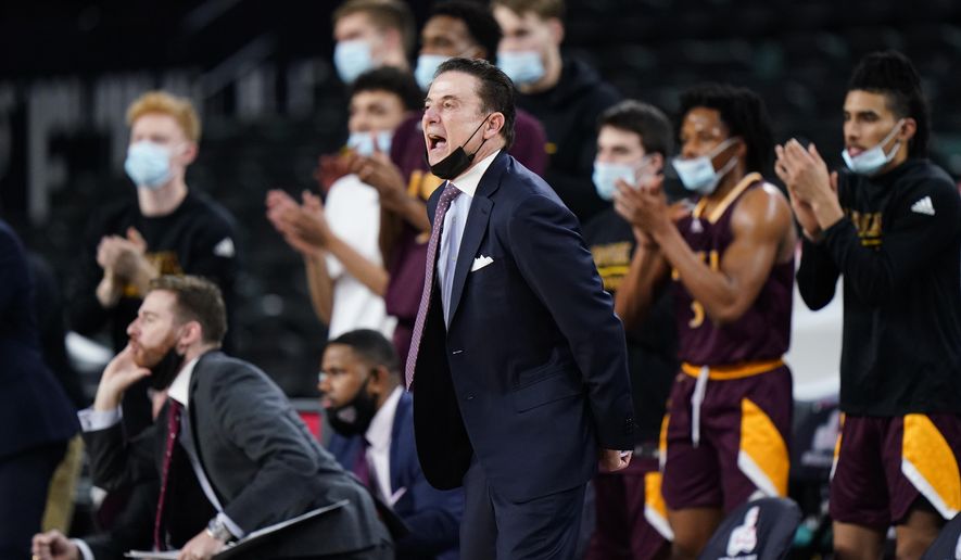 Iona head coach Rick Pitino yells to his team in the first half of an NCAA college basketball game against Fairfield during the finals of the Metro Atlantic Athletic Conference tournament, Saturday, March 13, 2021, in Atlantic City, N.J. (AP Photo/Matt Slocum)