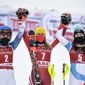 From left, second placed, United States&#39; Mikaela Shiffrin, winner, Austria&#39;s Katharina Liensberger and third placed, Switzerland&#39;s Wendy Holdenercelebrate, after the second run of a Women&#39;s slalom Alpine World Cup ski race in Are, Sweden, Saturday March 13, 2021. (Pontus Lundahl, TT via AP)