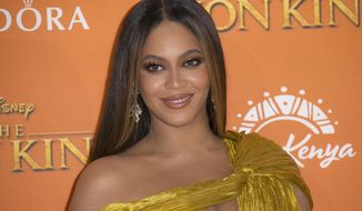 FILE - This July 14, 2019, file photo shows Beyonce at the &amp;quot;Lion King&amp;quot; premiere in London.  (Photo by Joel C Ryan/Invision/AP, File)