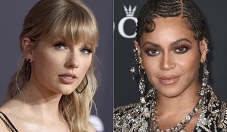 Taylor Swift appears at the American Music Awards in Los Angeles on Nov. 24, 2019, left, and Beyonce appears at the world premiere of &amp;quot;The Lion King&amp;quot; in Los Angeles on July 9, 2019. Swift could become the first woman to win the show’s top prize, album of the year, three times. Her first surprise album of 2020, the folky, alternative adventure “folklore,” is competing for the top honor. While Beyonce has never won album of the year, she is the most nominated act. With 24 previous wins and nine nominations this year, she could surpass Alison Krauss’ 27 wins and become the most decorated woman in Grammys history. (AP Photo)