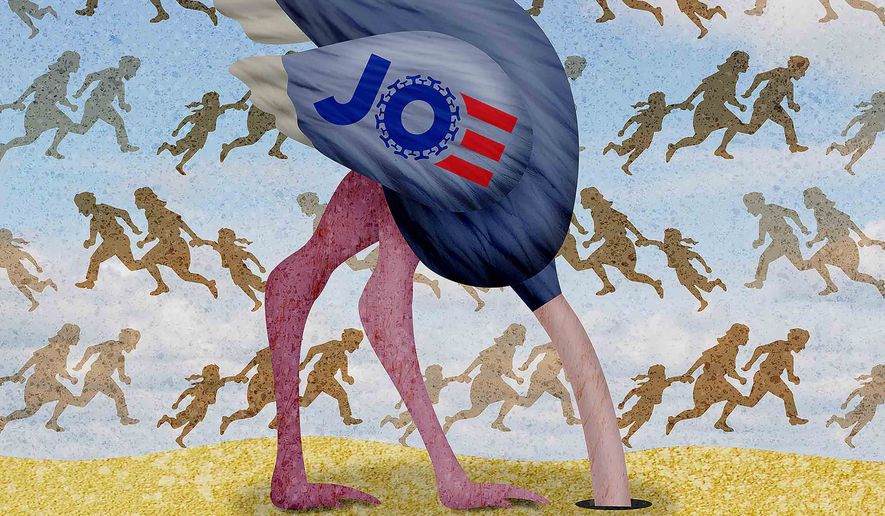 Ostrich Joe Biden and the immigration border crisis (Illustration by Greg Groesch/The Washington Times)