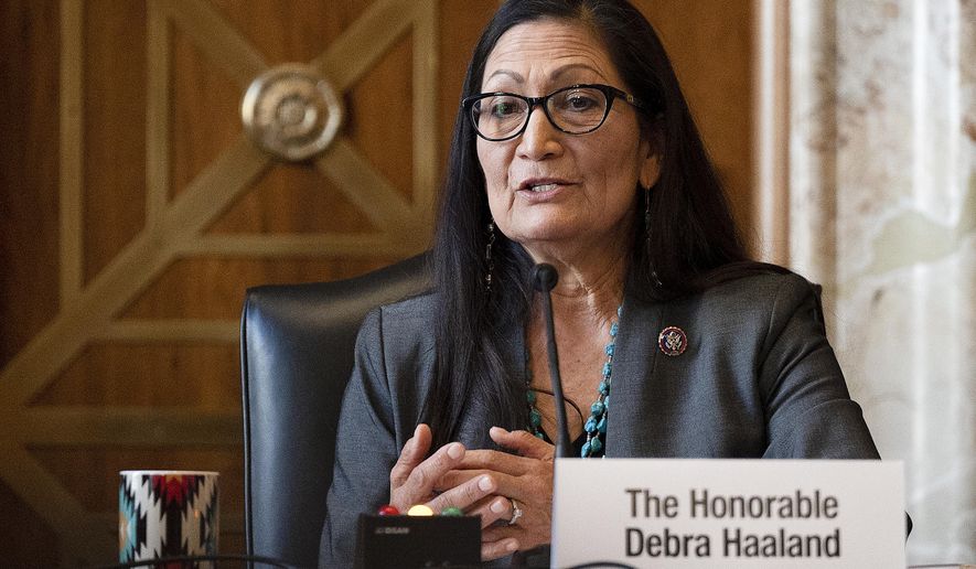 FILE - In this Feb. 23, 2021, file photo Interior Secretary nominee Rep. Deb Haaland, D-N.M., speaks during her confirmation hearing on Capitol Hill in Washington. On March 15, the Senate confirmed her as Interior Secretary. (Jim Watson/Pool via AP, File)