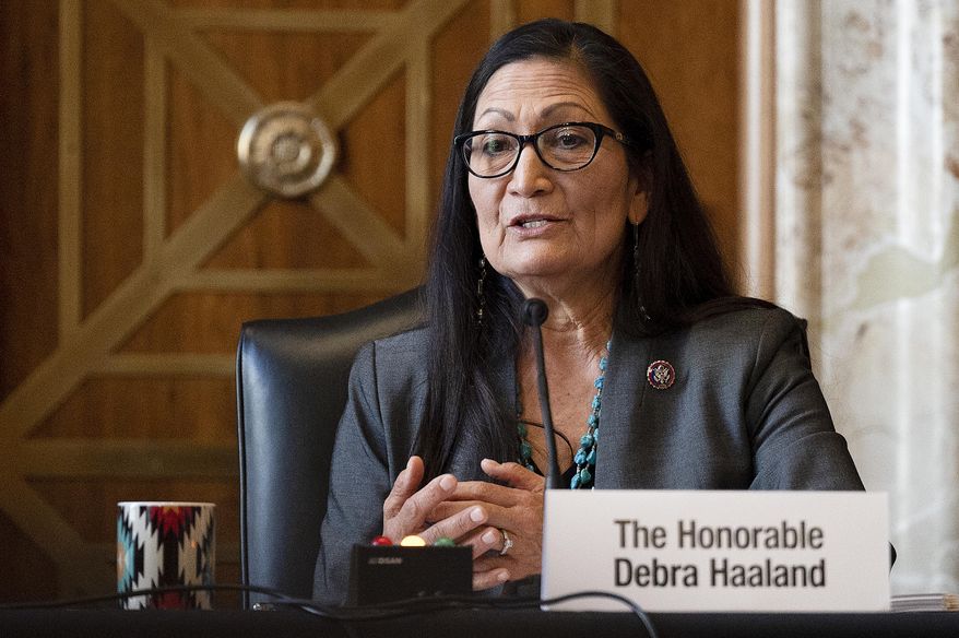 FILE - In this Feb. 23, 2021, file photo Interior Secretary nominee Rep. Deb Haaland, D-N.M., speaks during her confirmation hearing on Capitol Hill in Washington. On March 15, the Senate confirmed her as Interior Secretary. (Jim Watson/Pool via AP, File)
