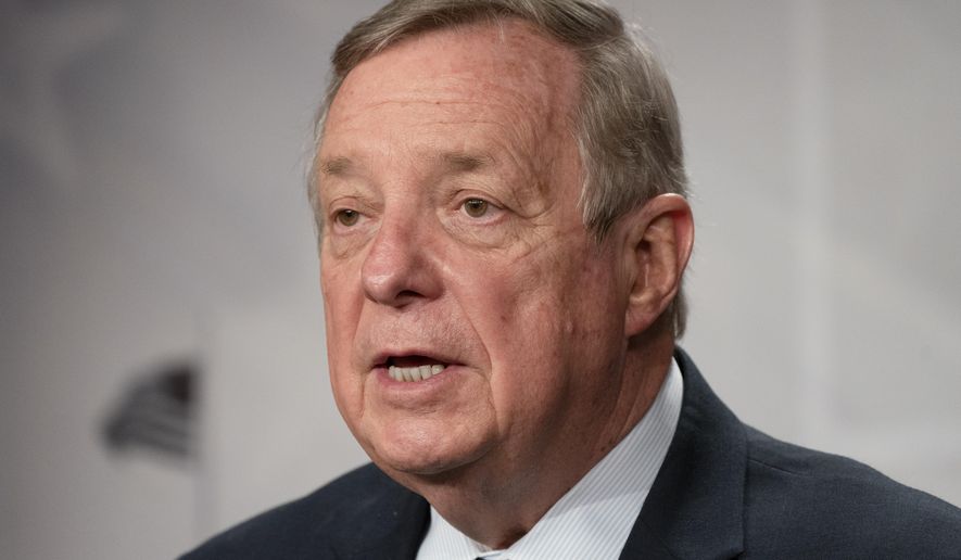 Sen. Dick Durbin, D-Ill., speaks to the media, Tuesday, March 2, 2021, on Capitol Hill in Washington. (AP Photo/Jacquelyn Martin)