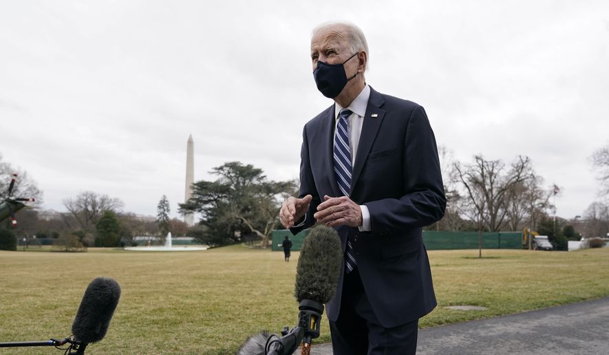 President Joe Biden speaks to members of the press on the South Lawn of the White House in Washington, Tuesday, March 16, 2021, before boarding Marine One for a short trip to Andrews Air Force Base, Md. Biden is en route to Pennsylvania. (AP Photo/Patrick Semansky)