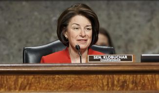 Sen. Amy Klobuchar, D-Minn., speaks during a Senate Committee on Homeland Security and Governmental Affairs and Senate Committee on Rules and Administration joint hearing Wednesday, March 3, 2021, examining the January 6, attack on the U.S. Capitol in Washington. (Greg Nash/Pool via AP)