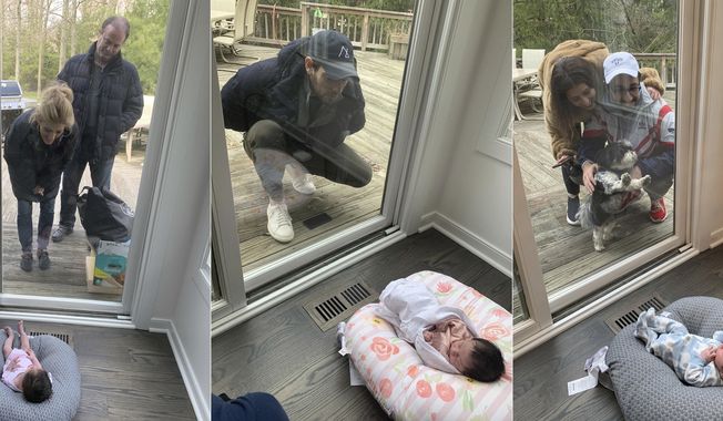 This combination of photos shows Suzy and Ricky Stone visiting with their granddaughter Gigi Guyuron through a window of their daughter Jen Guyuron’s home on April 18, 2020, in Cleveland, Ohio, left, Guyuron&#x27;s brother Bryan Stone visiting on March 21, 2020, center, and Jen Charet and Jason Charet visiting with Gigi on April 23. Pregnancy, birth and life with a newborn in the middle of a pandemic has brought on high anxiety, ever-shifting hospital protocols and intense isolation for many of the millions of women who have done it around the world. (Jen Guyuron via AP) **FILE**