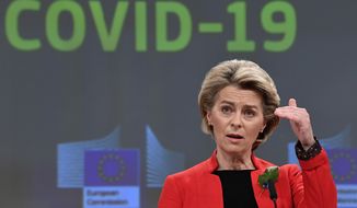 European Commission President Ursula von der Leyen speaks during a media conference on the Commissions response to COVID-19 after a meeting of the College of Commissioners at EU headquarters in Brussels, Wednesday, March 17, 2021. The European Commission is proposing Wednesday to create a Digital Green Certificate to facilitate safe free movement inside the EU during the COVID-19 pandemic. (John Thys, Pool via AP)