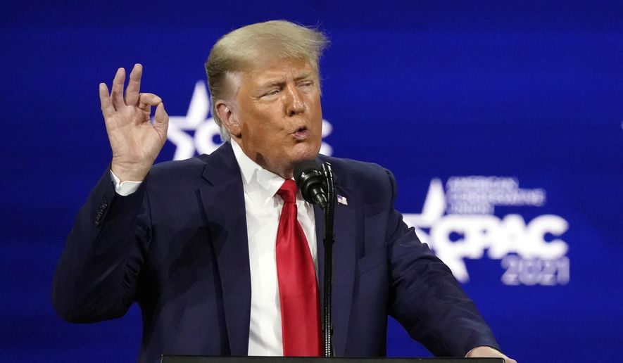 In this Feb. 28, 2021, photo, former President Donald Trump speaks at the Conservative Political Action Conference (CPAC) in Orlando, Fla. (AP Photo/John Raoux) **FILE**