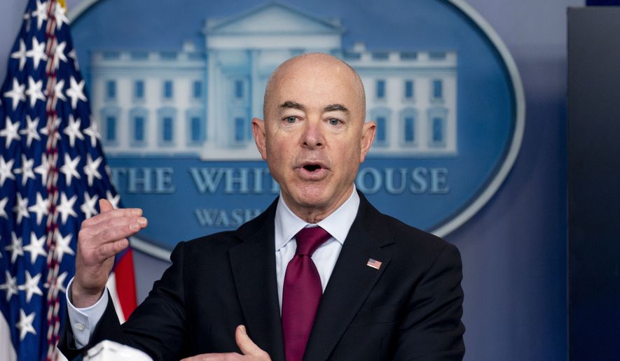 In this March 1, 2021, photo, Homeland Security Secretary Alejandro Mayorkas speaks during a press briefing at the White House in Washington. (AP Photo/Andrew Harnik) **FILE**