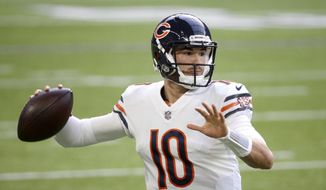 Chicago Bears quarterback Mitchell Trubisky throws a pass during an NFL football game against the Minnesota Vikings in Minneapolis, in this Sunday, Dec. 20, 2020, file photo.  The Buffalo Bills agreed to sign former Chicago Bears starter Mitch Trubisky to a one-year contract on Thursday, March 18, 2021, and serve as Josh Allen’s primary backup.(AP Photo/Bruce Kluckhohn, File) **FILE**