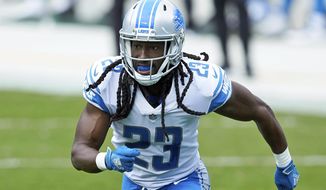 FILE - In this Nov. 22, 2020, file photo, Detroit Lions cornerback Desmond Trufant (23) pursues a play during an NFL football game against the Carolina Panthers in Charlotte, N.C. The Chicago Bears signed veteran cornerback Desmond Trufant to a one-year contract Saturday, March 20, 2021, to replace former All-Pro Kyle Fuller. (AP Photo/Brian Westerholt, File)