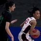 Stanford guard Kiana Williams (23) is pressured by Utah Valley forward Nehaa Sohail (21) during the first half of a college basketball game in the first round of the women&#39;s NCAA tournament at the Alamodome in San Antonio, Sunday, March 21, 2021. (AP Photo/Charlie Riedel)