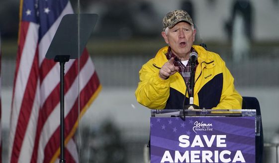 FILE - In this Jan. 6, 2021 file photo, Rep. Mo Brooks, R-Ark., speaks in Washington, at a rally in support of President Donald Trump called the &amp;quot;Save America Rally.&amp;quot;  Brooks, teasing the announcement of a possible run for U.S. Senate, has scheduled a campaign rally on Monday, March 22, 2021, where he will be joined by former President Donald Trump adviser Stephen Miller. (AP Photo/Jacquelyn Martin, File)
