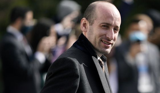 In this Oct. 30, 2020, file photo, President Donald Trump&#39;s White House Senior Adviser Stephen Miller follows President Donald Trump on the South Lawn of the White House in Washington. Alabama U.S. Rep. Mo Brooks, teasing the announcement of a possible run for U.S. Senate, has scheduled a campaign rally on Monday, March 22, 2021, where he will be joined by Miller.  (AP Photo/Patrick Semansky, File)