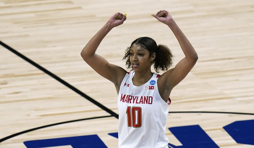 Maryland forward Angel Reese celebrates at the end of a college basketball game against Mount St. Mary&#39;s in the first round of the women&#39;s NCAA tournament at the Alamodome in San Antonio, Monday, March 22, 2021. Maryland won 98-45. (AP Photo/Eric Gay)