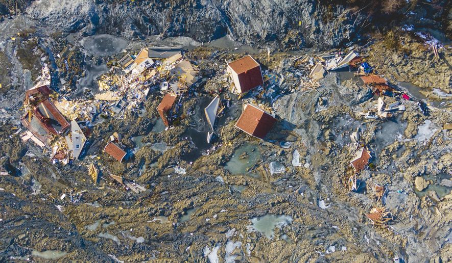 FILE - IN this Tuesday, March 8, 2021 file photo, an aerial view of the area where a large landslide destroyed several homes in Ask, Norway. Nearly three months after one of the worst landslides in modern Norway’s history, search teams have found the last remaining body in the rubble, authorities said Monday, March 22, 2021. In total, 10 have been found dead in the landslide, which swept away homes in a residential area in the village of Ask on Dec. 30. (Stian Lysberg Solum/ NTB via AP, File)