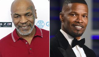 In this combination photo, Mike Tyson, left, attends a celebrity golf tournament on Aug. 2, 2019, in Dana Point, Calif. and Jamie Foxx arrives at the Vanity Fair Oscar Party on Feb. 24, 2019, in Beverly Hills, Calif. Tyson says he&#39;s producing a limited series about his life and career. Foxx will play the boxing great in the project that also counts Foxx and filmmaker Martin Scorsese as producers. (Photos by Willy Sanjuan/Invision/AP, left, and Evan Agostini/Invision/AP)