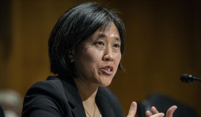 In this Feb. 25, 2021, file photo, Katherine Tai, then the nominee for U.S. trade representative, speaks during a Senate Finance Committee hearing on Capitol Hill. (Bill O&#x27;Leary/The Washington Post via AP, Pool) ** FILE **