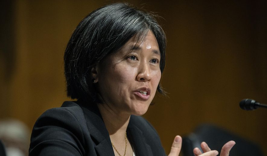 In this Feb. 25, 2021, file photo, Katherine Tai, then the nominee for U.S. trade representative, speaks during a Senate Finance Committee hearing on Capitol Hill. (Bill O&#39;Leary/The Washington Post via AP, Pool) ** FILE **