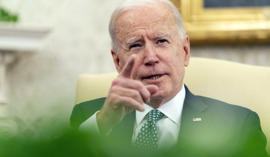 FILE - In this March 17, 2021 photo, President Joe Biden speaks in the Oval Office of the White House in Washington. Biden intends to nominate three African American prosecutors to run the U.S. attorney’s offices in New York, including the first Black man to run the Southern District of New York. That's according to a person familiar with the matter who spoke to The Associated Press on Tuesday. (AP Photo/Andrew Harnik)