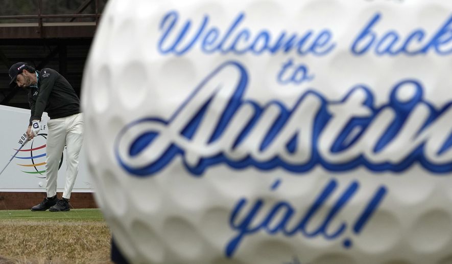 Abraham Ancer hits his tee shot on the 13th hole during a practice round for the Dell Technologies Match Play Championship golf tournament Monday, March 22, 2021, in Austin, Texas. (AP Photo/David J. Phillip)