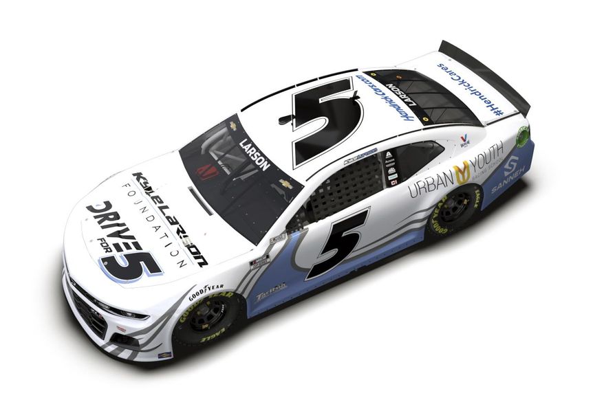 This artists rendering provided by Hendricks Motorsports shows the paint scheme design for the car Kyle Larson will use in his return to iRacing on Wednesday, March 24, 2021, featuring the foundation he’s started in his path to redemption. Larson was suspended for almost a full season in 2020 for using a racial slur in the last iracing event he participated in April, 2020.(Hendricks Motorsports via AP)
