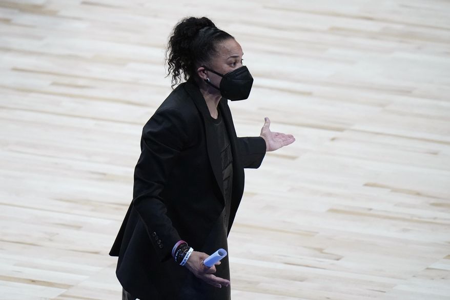 South Carolina head coach Dawn Staley reacts to a call during the first half of a college basketball game against Oregon State in the second round of the women&#39;s NCAA tournament at the Alamodome in San Antonio, Tuesday, March 23, 2021. (AP Photo/Eric Gay)