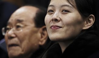 FILE - In this Feb. 10, 2018, file photo, Kim Yo Jong, the sister of North Korean leader Kim Jong Un, waits with North Korea&#39;s nominal head of state, Kim Yong Nam, for the start of a women&#39;s hockey game at the 2018 Winter Olympics in Gangneung, South Korea. After giving the Biden administration the silent treatment for two months, North Korea this week marshalled two of the most powerful women in its leadership to warn Washington over combined military exercises with South Korea and the diplomatic consequences of its “hostile” policies toward Pyongyang. (AP Photo/Felipe Dana, File)
