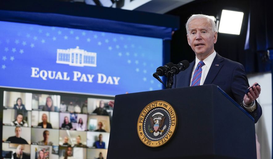 President Joe Biden speaks during an event to mark Equal Pay Day in the South Court Auditorium in the Eisenhower Executive Office Building on the White House Campus Wednesday, March 24, 2021, in Washington. (AP Photo/Evan Vucci)