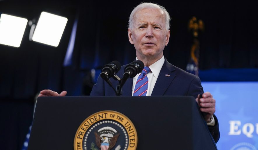 President Joe Biden speaks during an event to mark Equal Pay Day in the South Court Auditorium in the Eisenhower Executive Office Building on the White House Campus Wednesday, March 24, 2021, in Washington. (AP Photo/Evan Vucci)