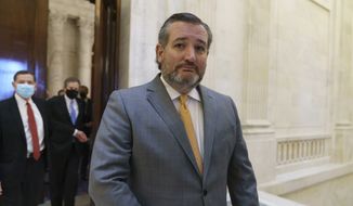 In this file photo, Sen. Ted Cruz, R-Texas, and other members of the Republican Conference leave a luncheon on Capitol Hill in Washington, Wednesday, March 24, 2021. (AP Photo/J. Scott Applewhite)  **FILE**