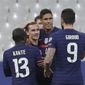 France&#39;s Antoine Griezmann, second left, celebrates after scoring opening goal during the World Cup 2022 group D qualifying soccer match between France and Ukraine at the Start de de France stadium, in Saint Denis, north of Paris, Wednesday, March 24, 2021. (AP Photo/Thibault Camus)
