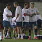 Norway players warm up ahead of the World Cup 2022 group G qualifying soccer match between Gibraltar and Norway in Gibraltar, Wednesday March 24, 2021. (AP Photo/Javier Fergo)