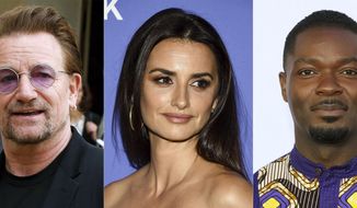 U2 frontman Bono speaks to the media after a meeting at the Elysee Palace, in Paris, on July 24, 2019, from left, actress Penelope Cruz attends the &amp;quot;Wasp Network&amp;quot; premiere during the 57th New York Film Festival in New York on Oct. 5, 2019, and David Oyelowo attends the GEANCO Foundation Hollywood Gala in Los Angeles on Oct. 10, 2019.  Bono, Cruz and Oyelowo will lend their voices in an animated series to raise awareness about the importance of vaccine access. The ONE Campaign announced Wednesday that the series “Pandemica” will launch Thursday. (AP Photo)