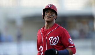 Washington Nationals&#39; Juan Soto goes to the dugout after being thrown out at second during the second inning of a spring training baseball game against the Houston Astros, Wednesday, March 24, 2021, in West Palm Beach, Fl. (AP Photo/Lynne Sladky) **FILE**