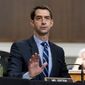 Sen. Tom Cotton, R-Ark., speaks during a hearing to examine United States Special Operations Command and United States Cyber Command in review of the Defense Authorization Request for fiscal year 2022 and the Future Years Defense Program, on Capitol Hill, Thursday, March 25, 2021, in Washington. (AP Photo/Andrew Harnik, Pool) **FILE**