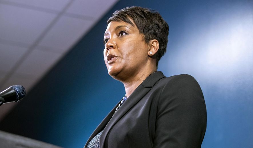 Atlanta Mayor Keisha Lance Bottoms speaks about the arrest of Robert Aaron Long during a press conference at the Atlanta Police Department headquarters in Atlanta, Wednesday, March 17, 2021.  Georgia House Speaker David Ralston sent Bottoms a letter on Thursday, March 25, announcing state House members intend to study whether the state should intervene in Atlanta’s policing to try to combat violence.(Alyssa Pointer/Atlanta Journal-Constitution via AP)