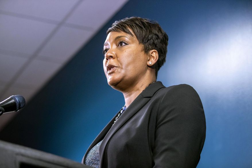 Atlanta Mayor Keisha Lance Bottoms speaks about the arrest of Robert Aaron Long during a press conference at the Atlanta Police Department headquarters in Atlanta, Wednesday, March 17, 2021. Georgia House Speaker David Ralston sent Bottoms a letter on Thursday, March 25, announcing state House members intend to study whether the state should intervene in Atlanta’s policing to try to combat violence.(Alyssa Pointer/Atlanta Journal-Constitution via AP)