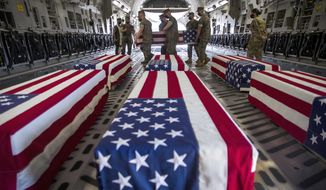 FILE - In this Aug. 12, 2020, file photo, provided by the U.S. Marine Corps, U.S. Marines and sailors carry a casket inside a U.S. Air Force C-17 Globemaster III at Marine Corps Air Station Miramar, in Calif., Wednesday, Aug. 12, 2020. The remains included seven Marines and a sailor, who died after a seafaring tank sank off the coast of Southern California last month, were transferred to Dover Air Force Base in Delaware for burial preparations. The U.S. Marine Corps is expected to release results of its investigation into a seafaring tank that sunk off San Diego&#39;s coast last summer, killing eight Marines and one sailor. (Lance Cpl. Brendan Mullin/U.S. Marine Corps via AP, File)