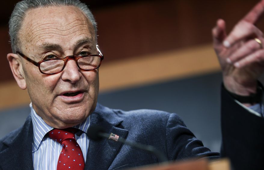 Senate Majority Leader Chuck Schumer of New York holds a news conference Thursday, March 25, 2021, on Capitol Hill in Washington. (Jonathan Ernst/Pool via AP) **FILE**
