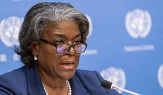 In this March 1, 2021 file photo, U.S. Ambassador to the United Nations, Linda Thomas-Greenfield speaks to reporters during a news conference at United Nations headquarters.   (AP Photo/Mary Altaffer, File) ** FILE **
