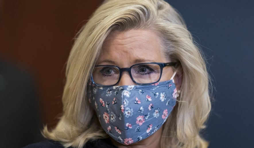 In this Feb. 24, 2021, file photo, Rep. Liz Cheney, R-Wyo., the House Republican Conference chair, joins the other GOP leaders speaking to reporters on Capitol Hill in Washington. (AP Photo/J. Scott Applewhite, File)
