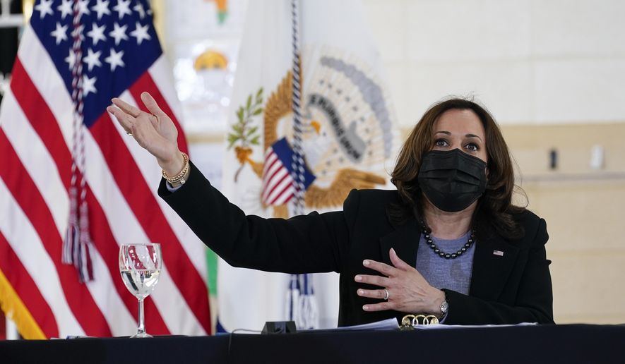 Vice President Kamala Harris participates in a listening session at the Boys & Girls Club of New Haven, Conn., Friday, March 26, 2021, on how the American Rescue Plan addresses child poverty and education. (AP Photo/Susan Walsh)