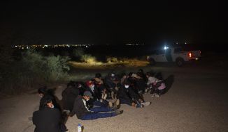 Migrants, mostly from Guatemala, wait at a U.S. Border Patrol intake site after they were smuggled on an inflatable raft across the Rio Grande river in Roma, Texas, Wednesday, March 24, 2021. On Wednesday, President Joe Biden tapped Vice President Kamala Harris to lead the White House efforts at the U.S. southern border and work with Central American nations to address root causes of the migration. The lights of the Mexican city of Miguel Aleman can be seen in the background. (AP Photo/Dario Lopez-Mills) **FILE**